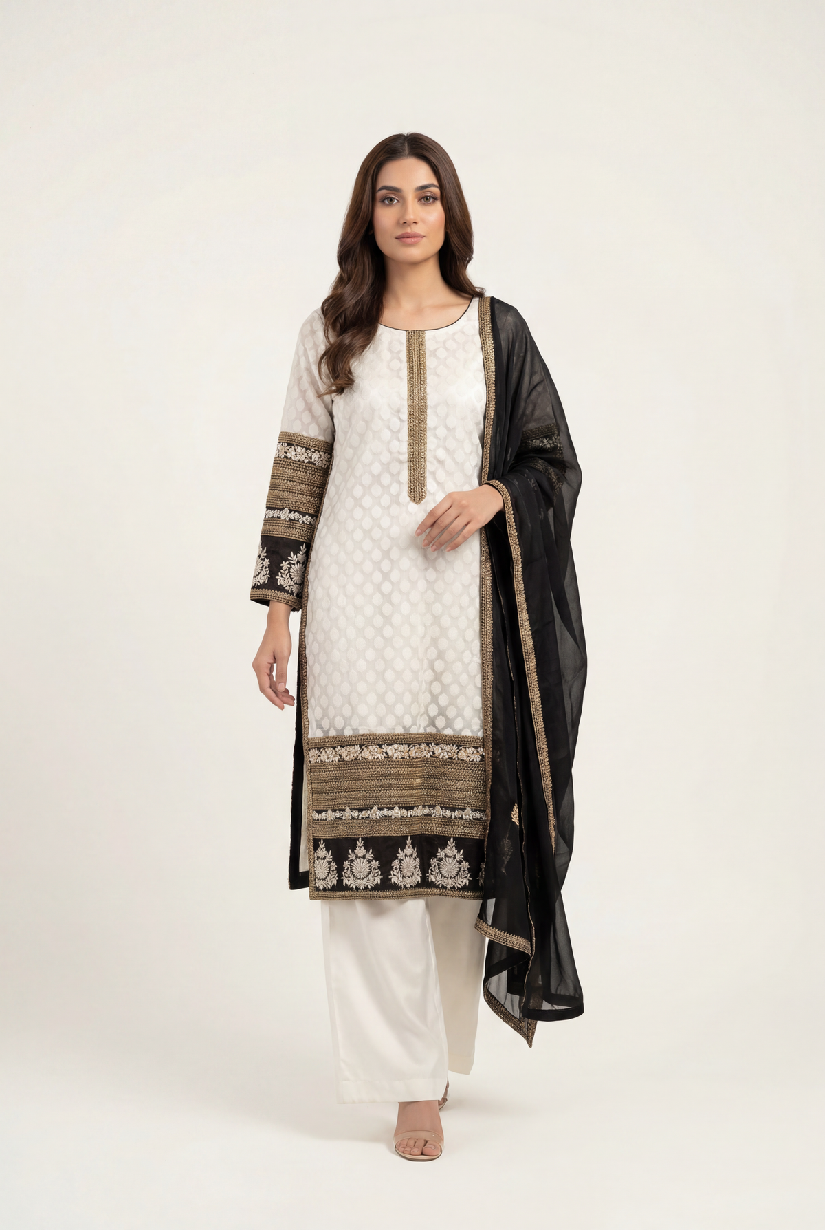 Bandhan Off white Long Shirt 3-Piece - AI Photo