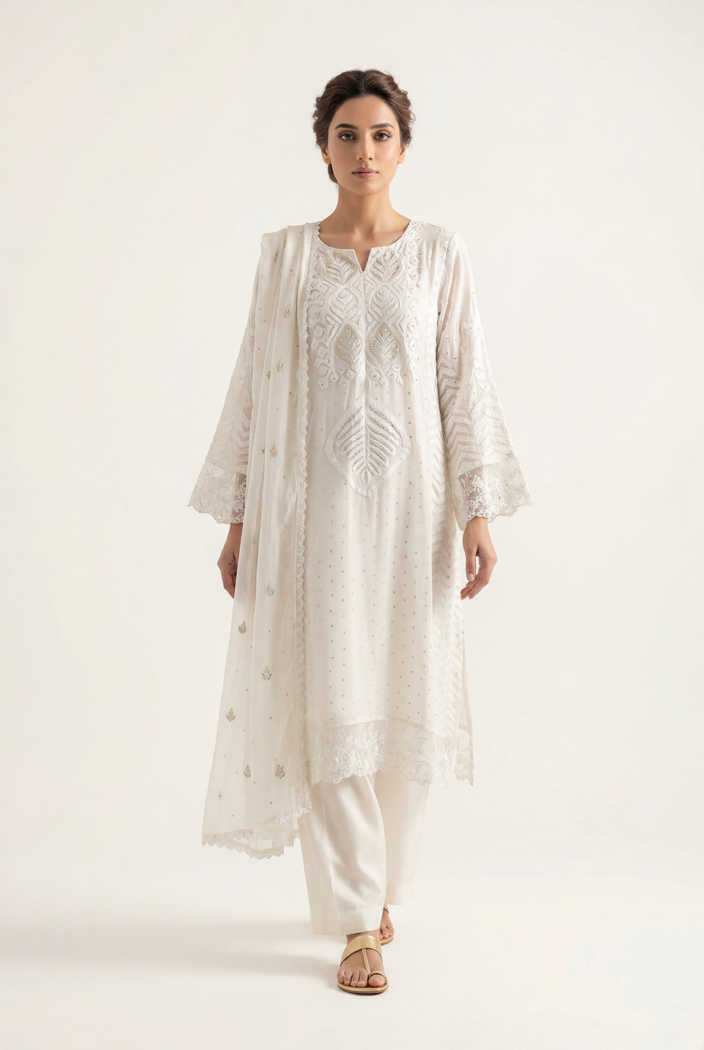 Bandhan White Long Shirt 3-Piece - AI Photo