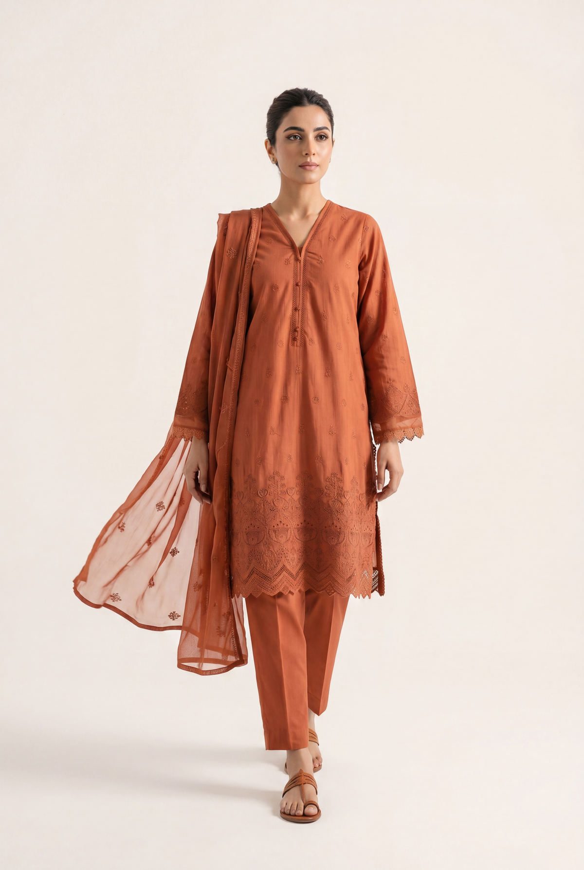Sadabahar Rust Shirt 3-Piece - AI Photo