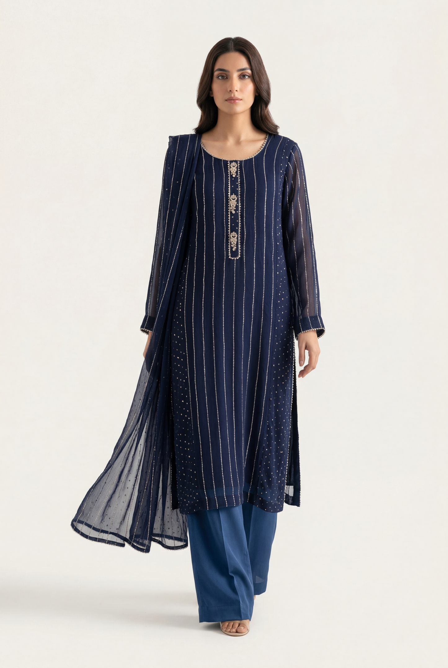 Bandhan Navy Blue Long Shirt 3-Piece - AI Photo