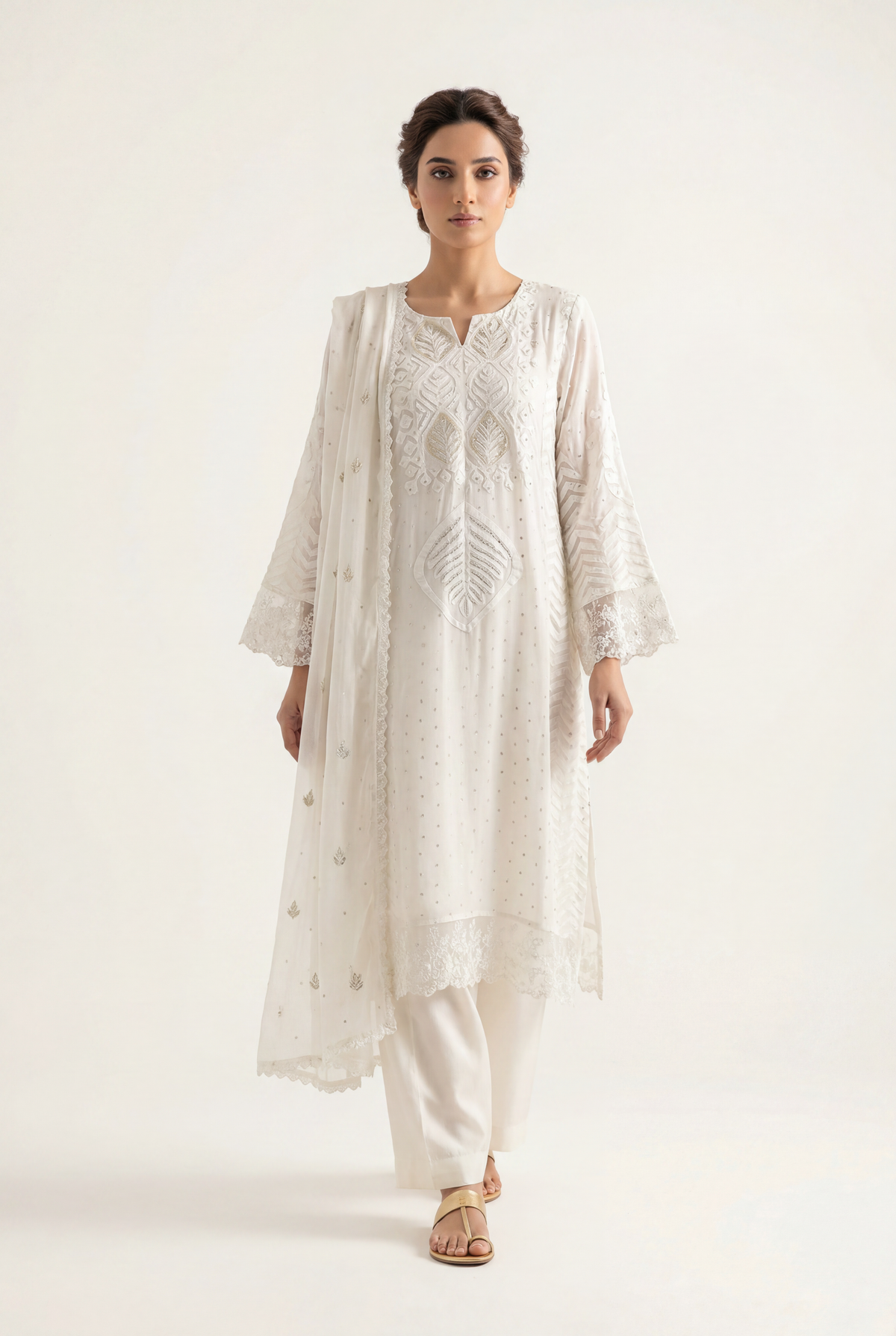 Bandhan White Long Shirt 3-Piece - AI Photo