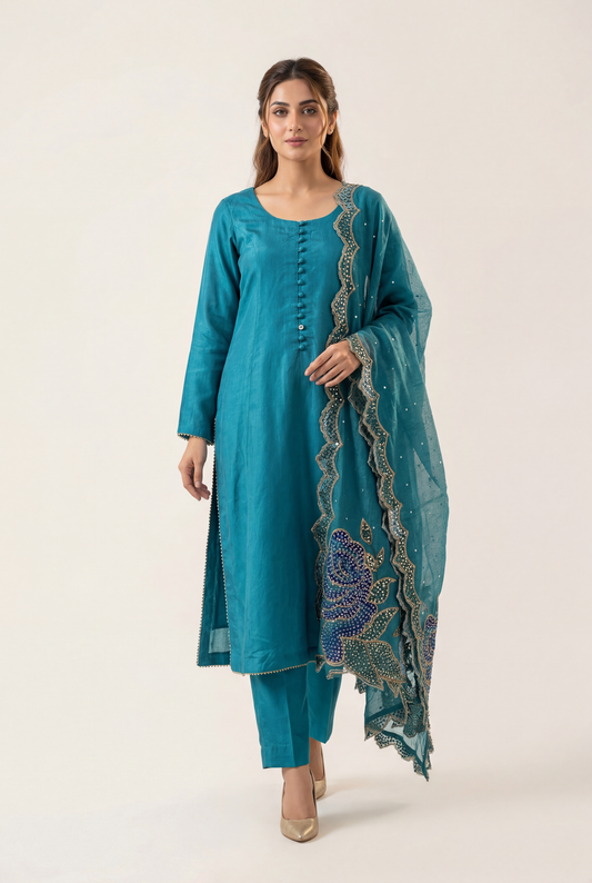Bandhan Teal Blue Shirt 3-Piece - AI Photo