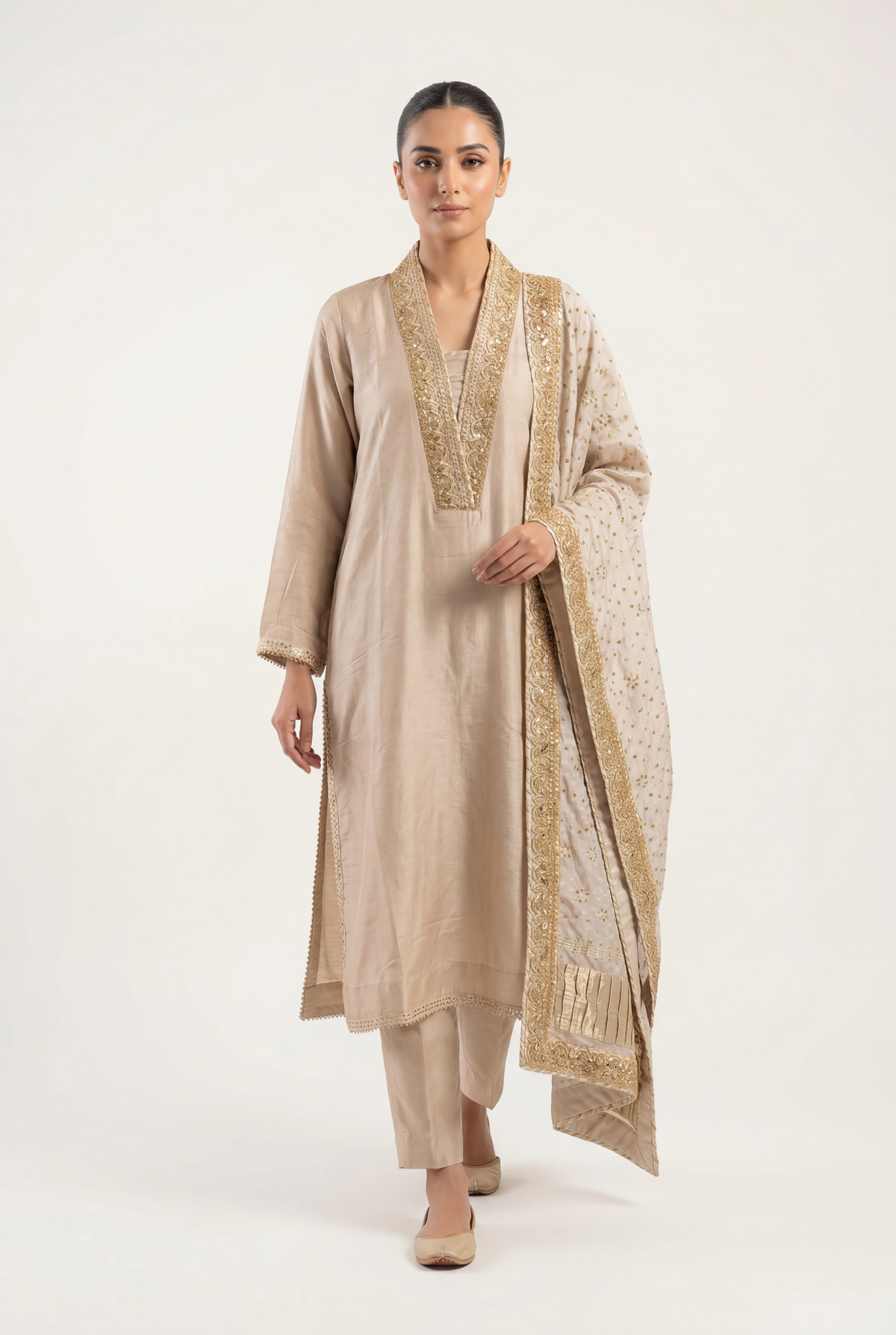 Bandhan Light Beige Long Shirt 3-Piece - AI Photo