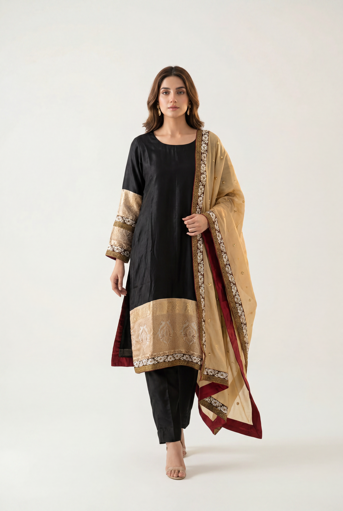 Bandhan Black with Antique gold Long Shirt 3-Piece - AI Photo