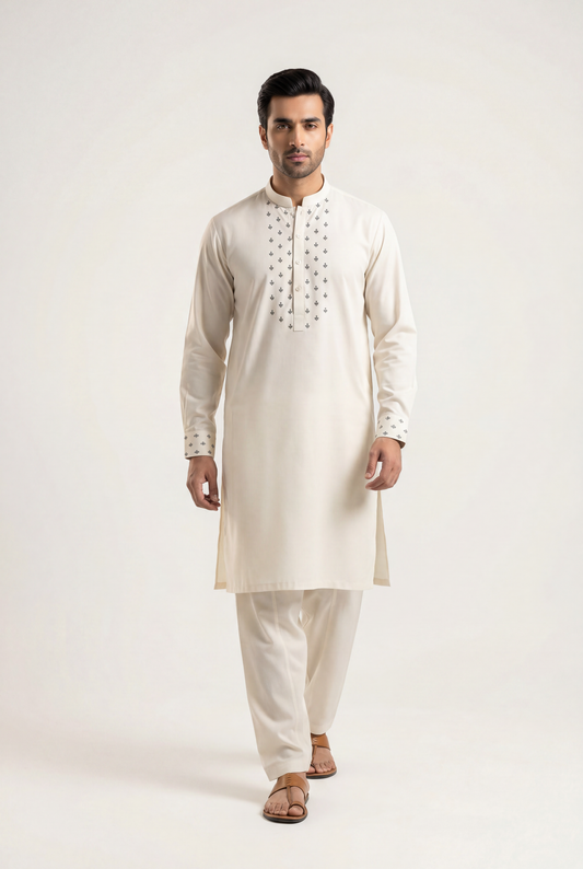 Gul Ahmad Off White Shalwar Kameez 2-Piece - Men's - AI Photo