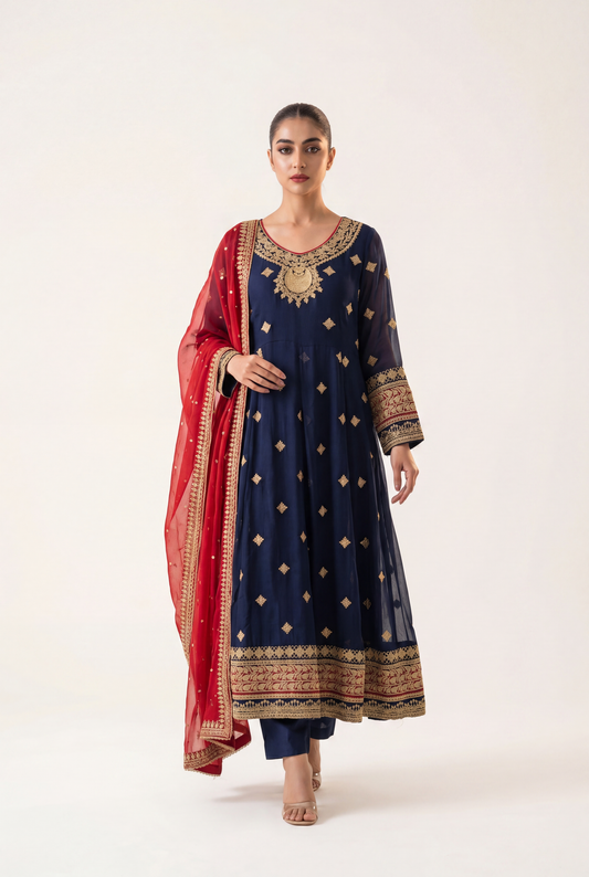 Bandhan Navy Blue Pishwas 3-Piece - AI Photo