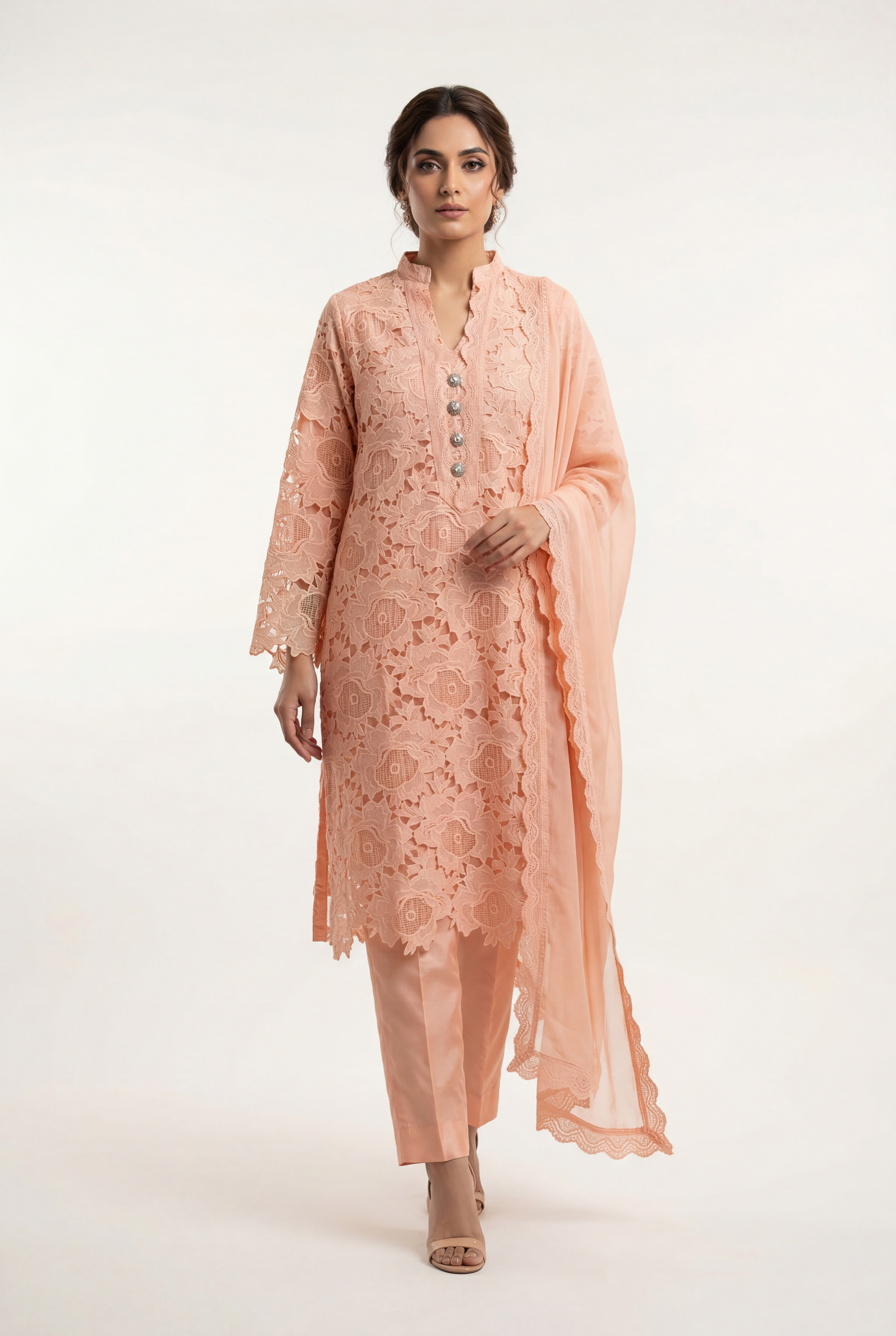 Bandhan Peach Long Shirt 3-Piece - AI Photo