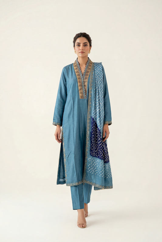 Bandhan Blue Long Shirt 3-Piece - AI Photo
