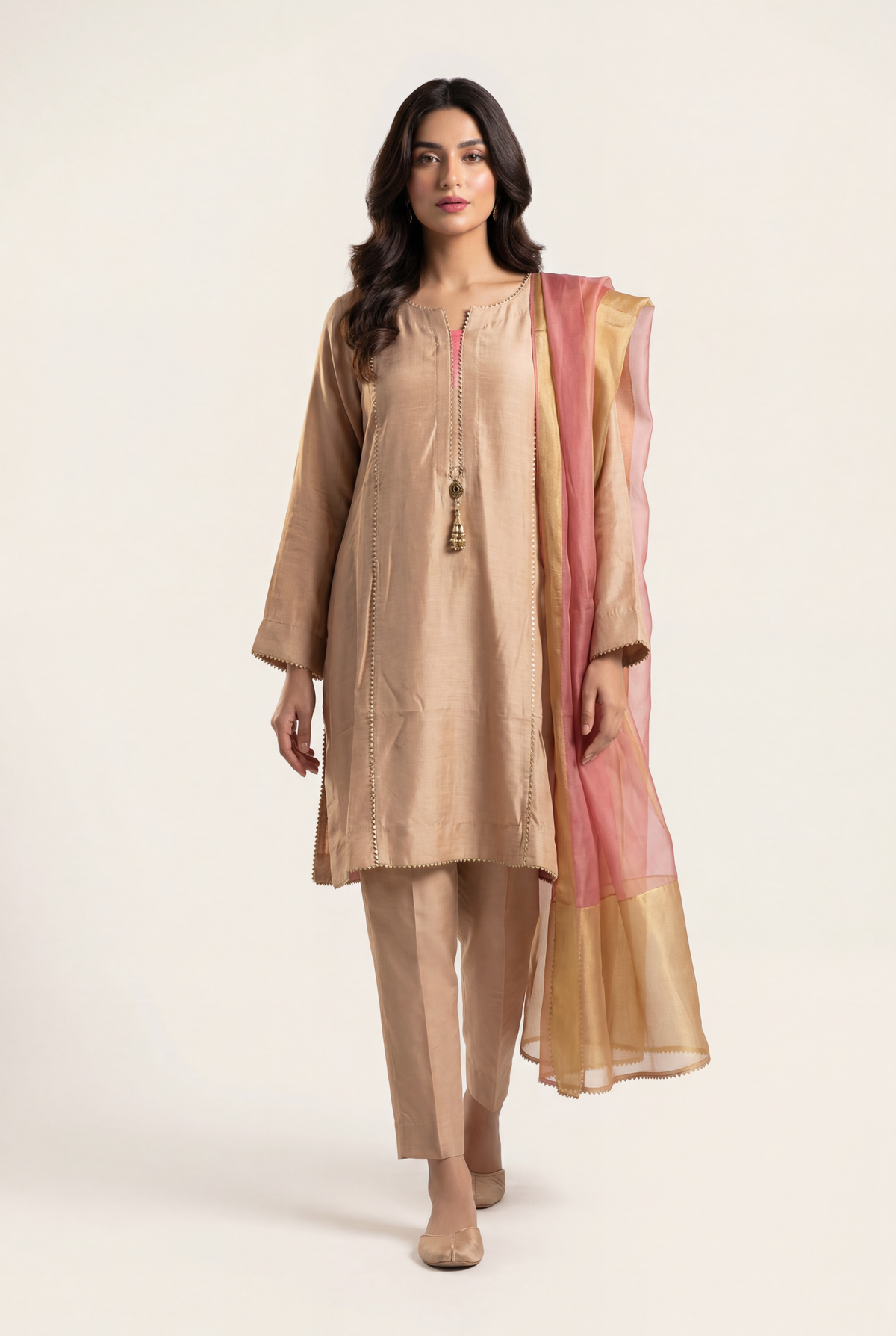 Bandhan Beige Brown Shirt 3-Piece - AI Photo