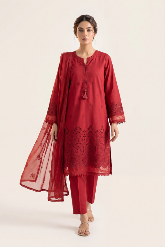 Sadabahar Red Shirt 3-Piece - AI Photo