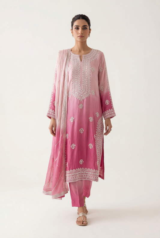 Bandhan Light Pink/Dark Pink Double Shade Long Shirt 3-Piece - AI Photo