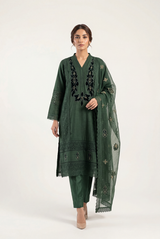 Bandhan Bottle Green Long Shirt 3-Piece - AI Photo