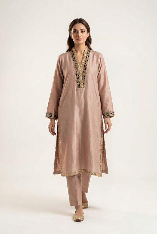 Bandhan Beige Long Shirt 3-Piece - AI Photo