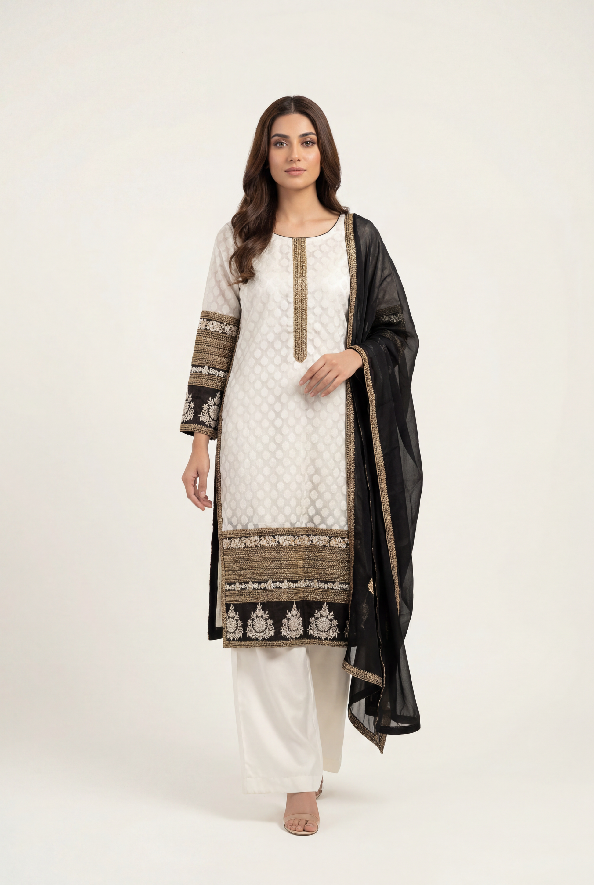 Bandhan Off white Long Shirt 3-Piece - AI Photo