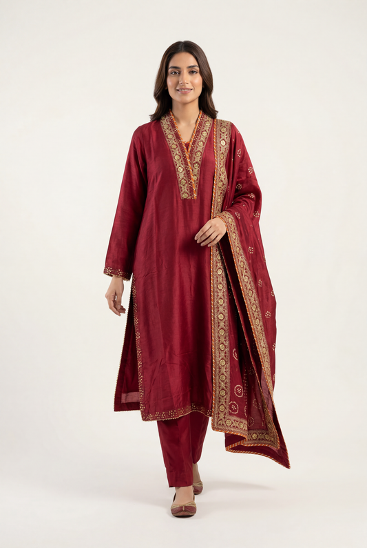 Bandhan Deep Red Long Shirt 3-Piece - AI Photo