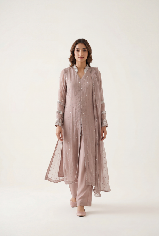 Bandhan Tea Pink Front Open Shirt 3-Piece - AI Photo