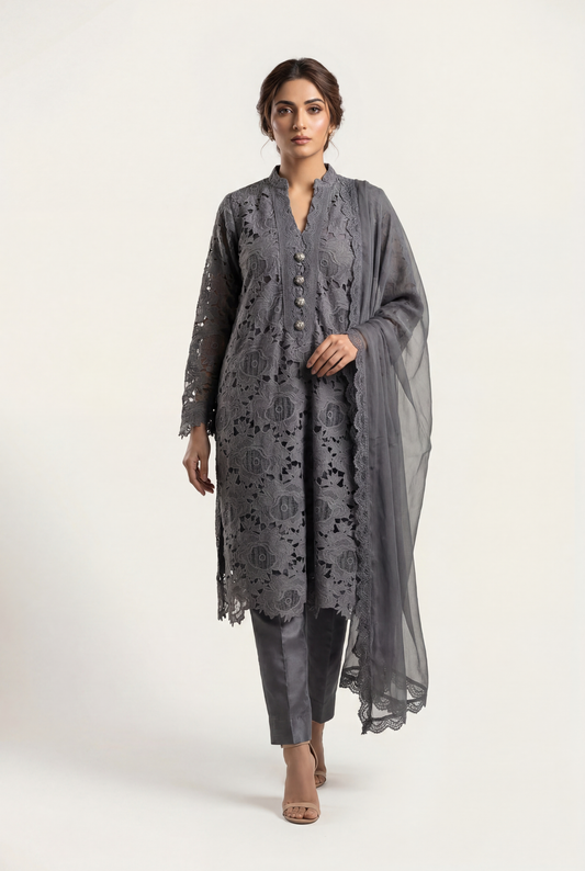 Bandhan Dark Grey Long Shirt 3-Piece - AI Photo