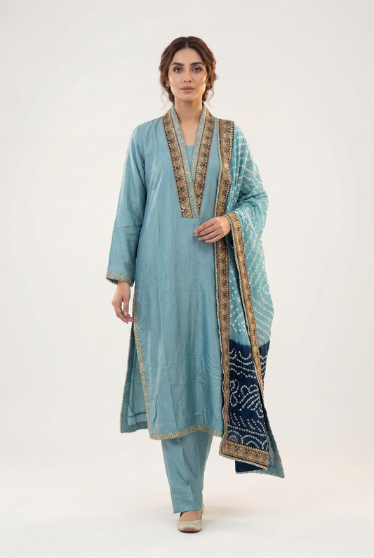 Bandhan Aqua Colour Long Shirt 3-Piece - AI Photo