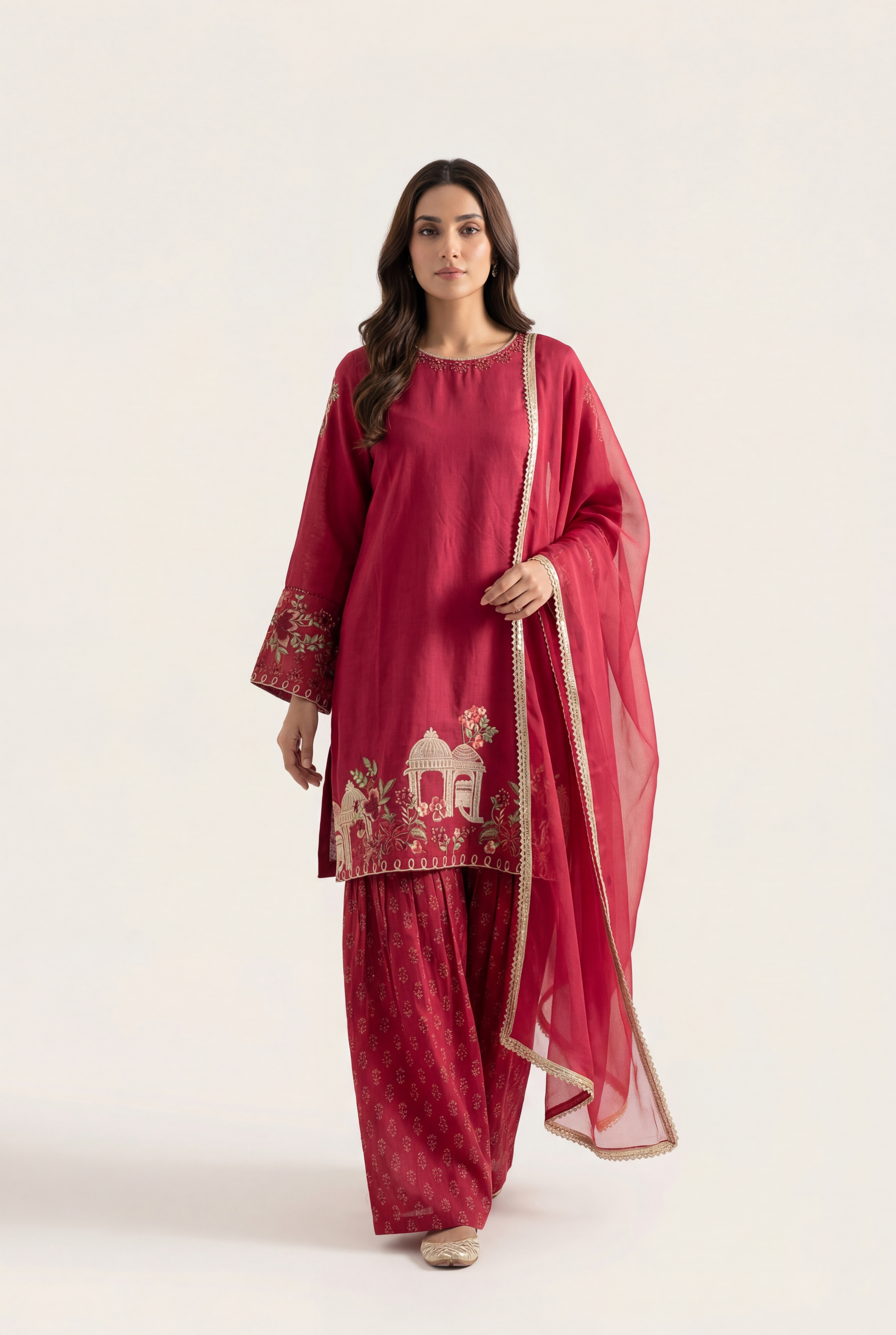 Bandhan Pinkish Red Shirt 3-Piece - AI Photo