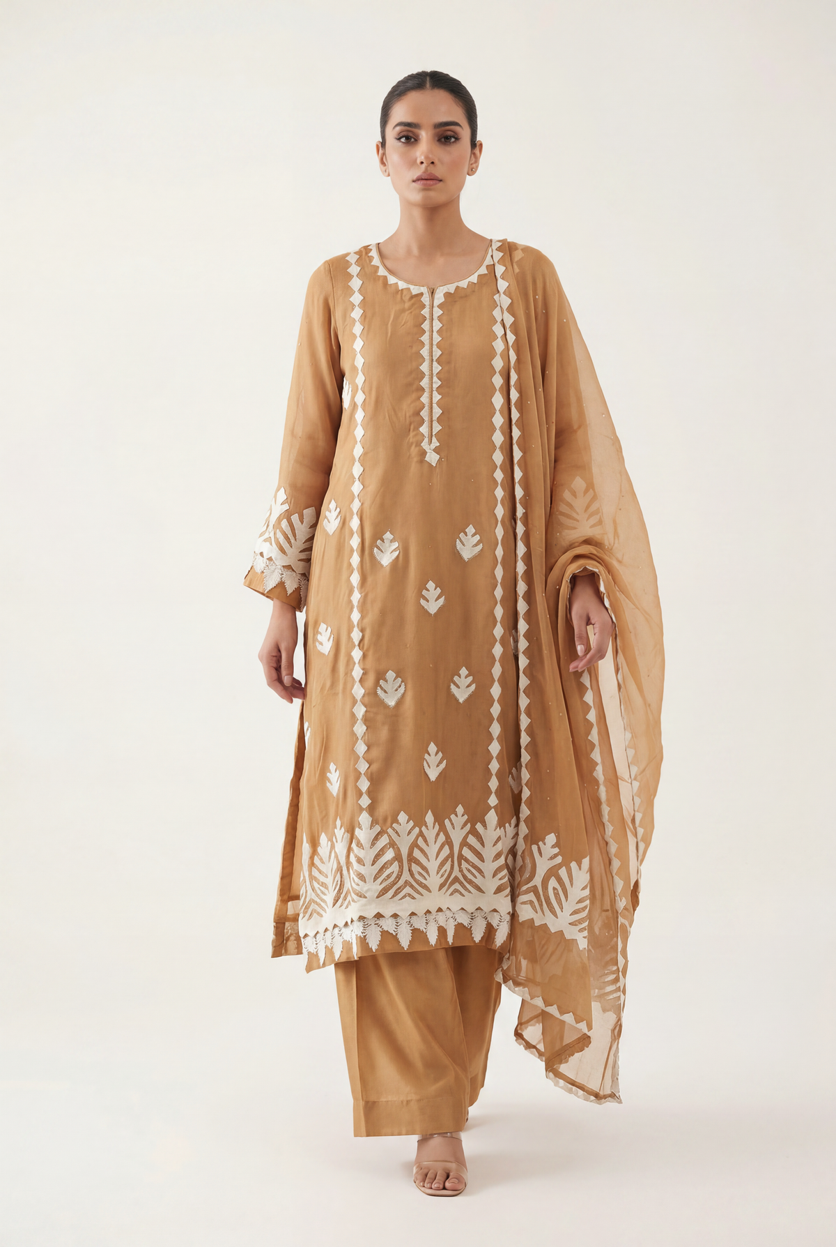 Bandhan Golden Brown Long Shirt 3-Piece - AI Photo