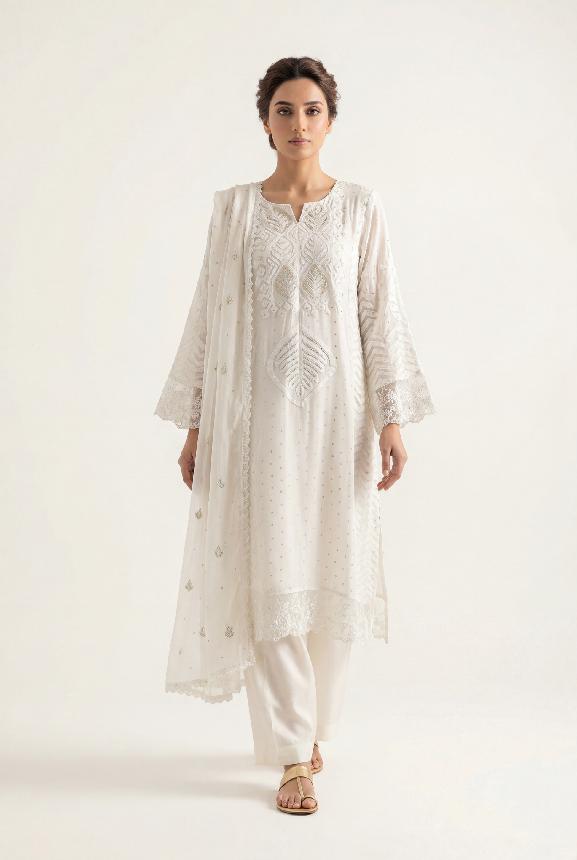 Bandhan White Long Shirt 3-Piece - AI Photo