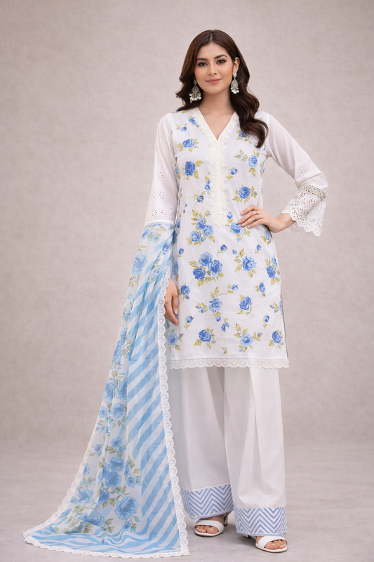 Woman wearing a white floral dress with a blue dupatta on a gray background