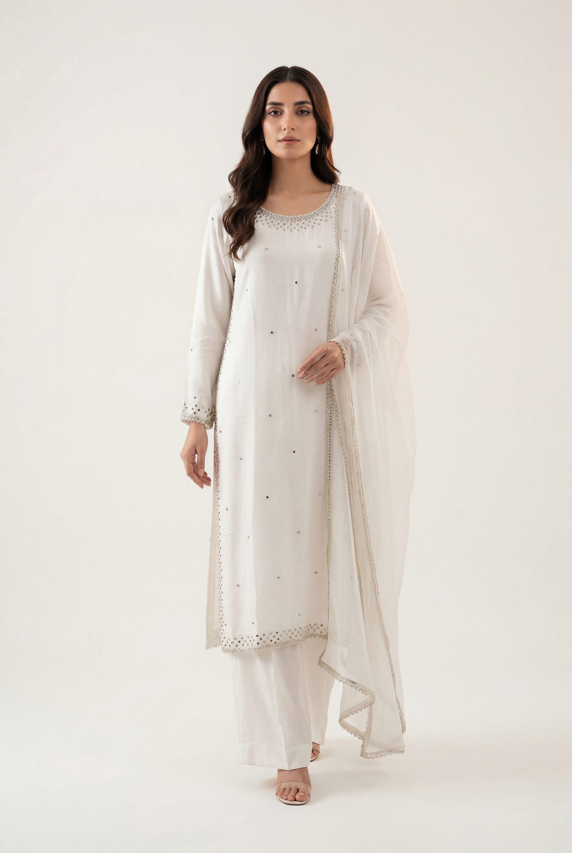 Bandhan White Long Shirt 3-Piece - AI Photo