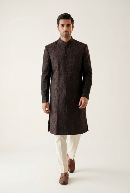J. Brownish Black Sherwani 1-Piece - Men's - AI Photo