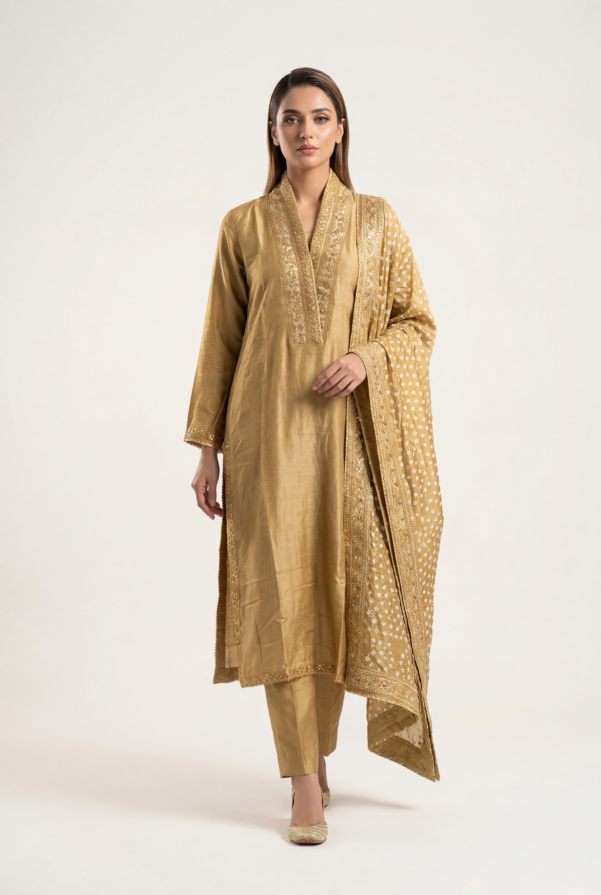 Bandhan Golden Long Shirt 3-Piece - AI Photo