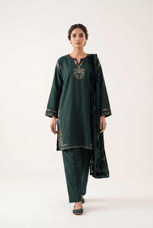 Sadabahar Dark Green Shirt 3-Piece - AI Photo
