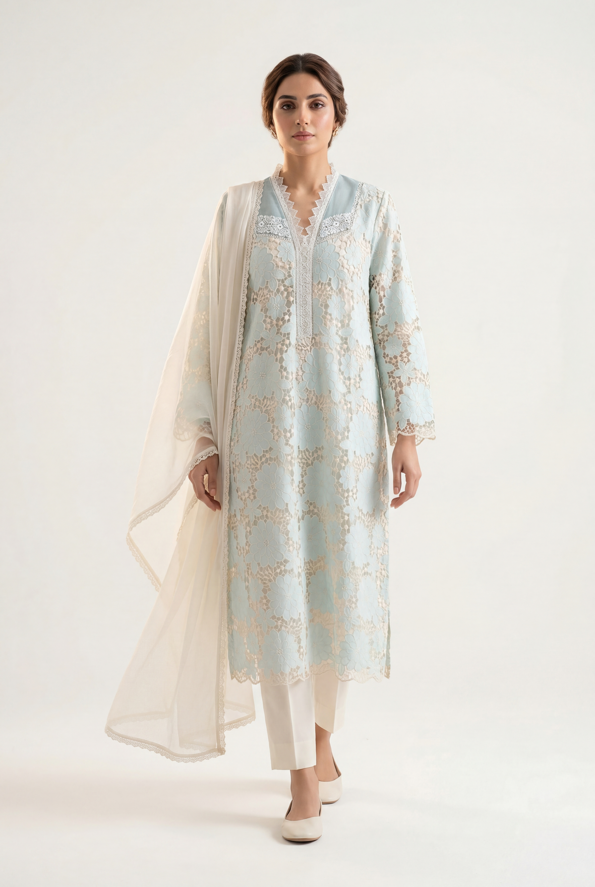 Bandhan Light Blue Long Shirt 3-Piece - AI Photo