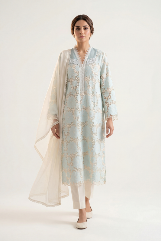 Bandhan Light Blue Long Shirt 3-Piece - AI Photo