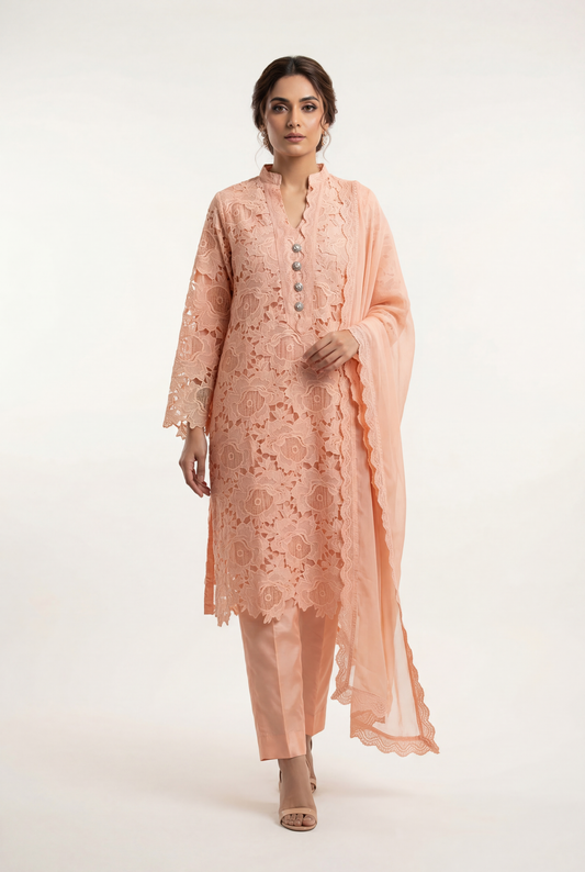 Bandhan Peach Long Shirt 3-Piece - AI Photo