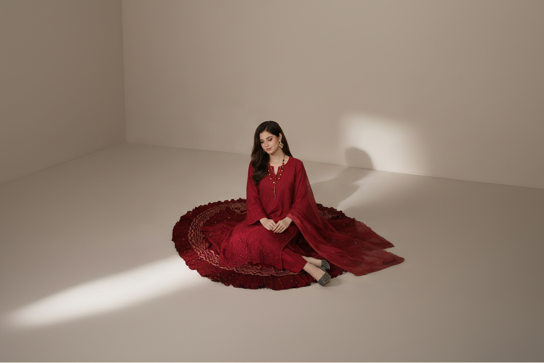 Woman in a red traditional outfit sitting on a beige floor.