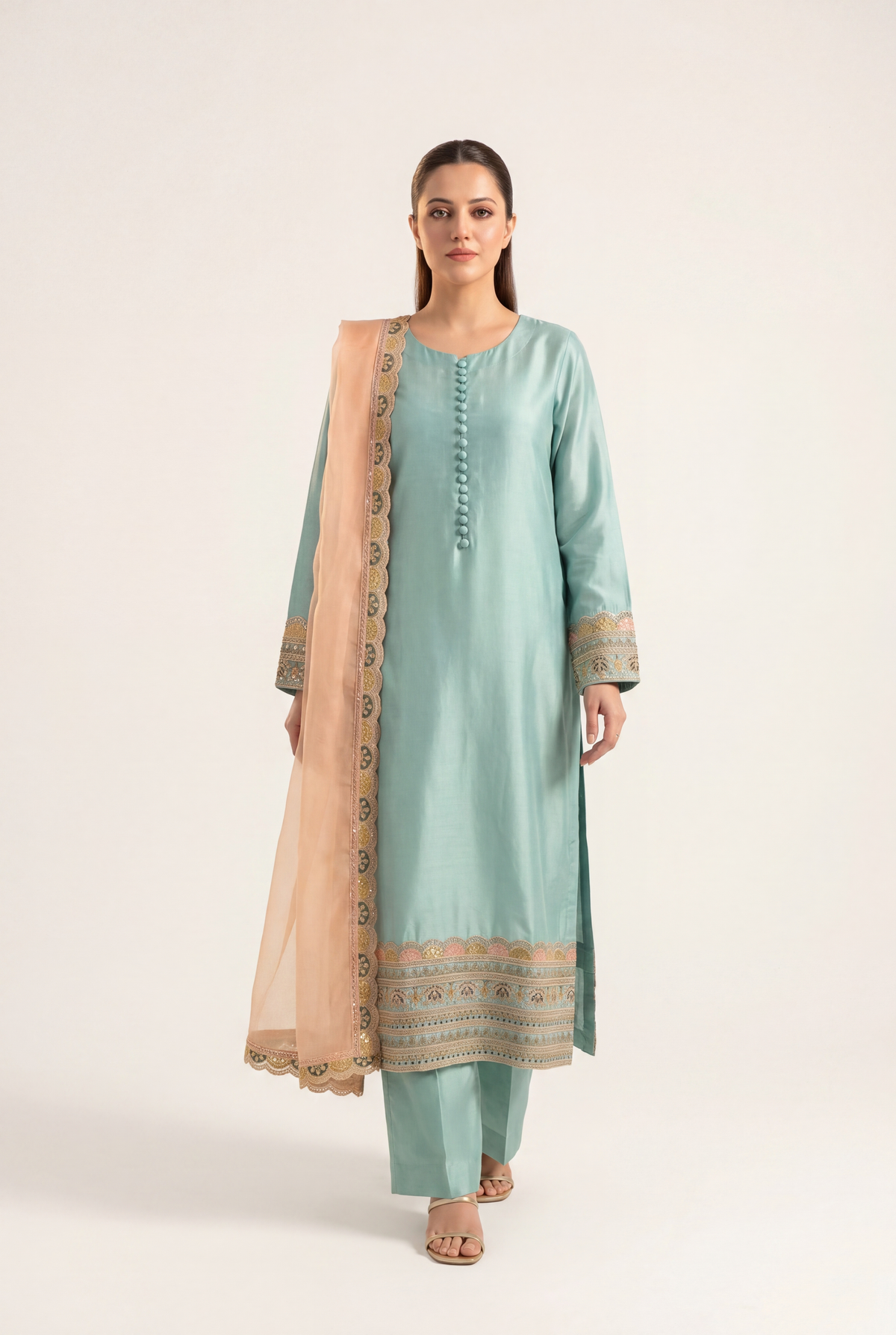 Bandhan Sea Green Long Shirt 3-Piece - AI Photo