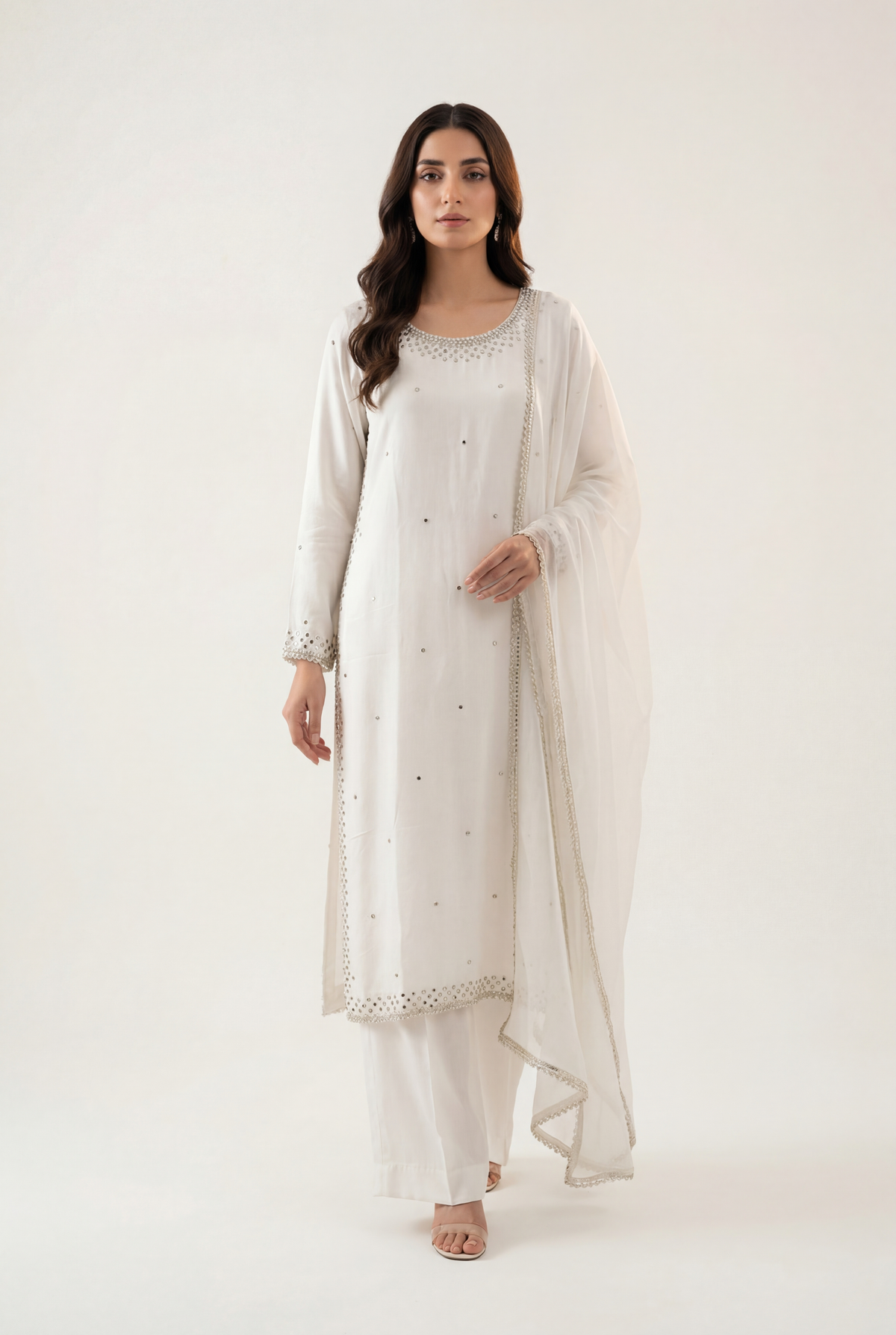 Bandhan White Long Shirt 3-Piece - AI Photo