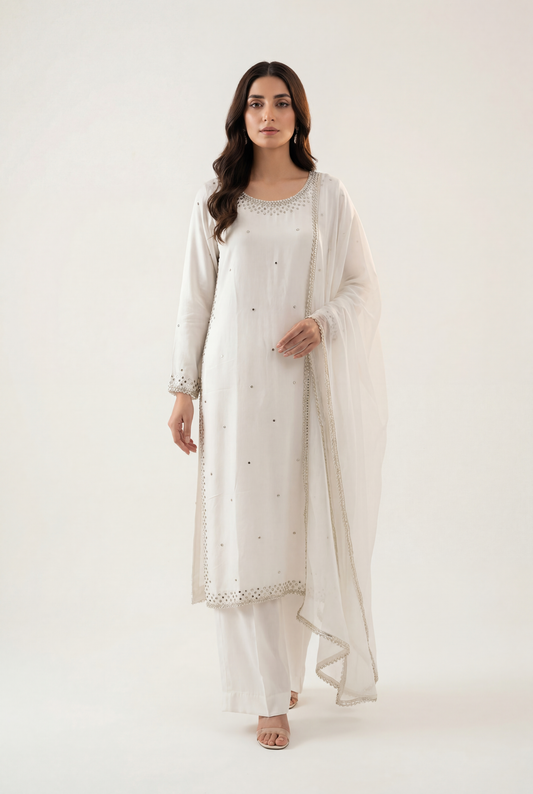 Bandhan White Long Shirt 3-Piece - AI Photo