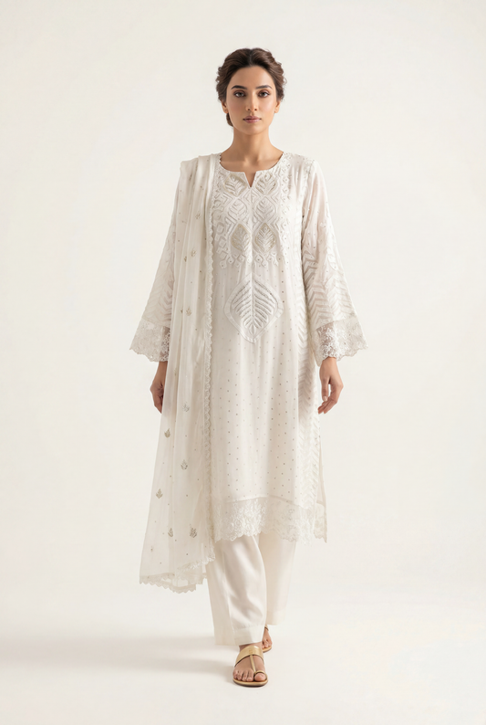 Bandhan White Long Shirt 3-Piece - AI Photo