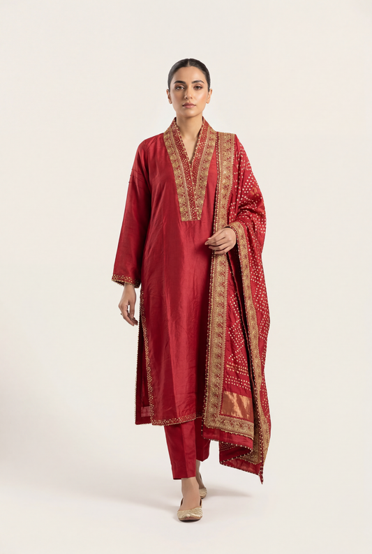 Bandhan Red Long Shirt 3-Piece - AI Photo