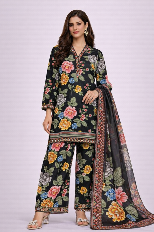 Woman wearing a black floral outfit with a matching dupatta on a white background