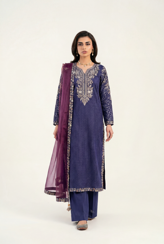 Vanya Bluish Purple Long Shirt 3-Piece - AI Photo