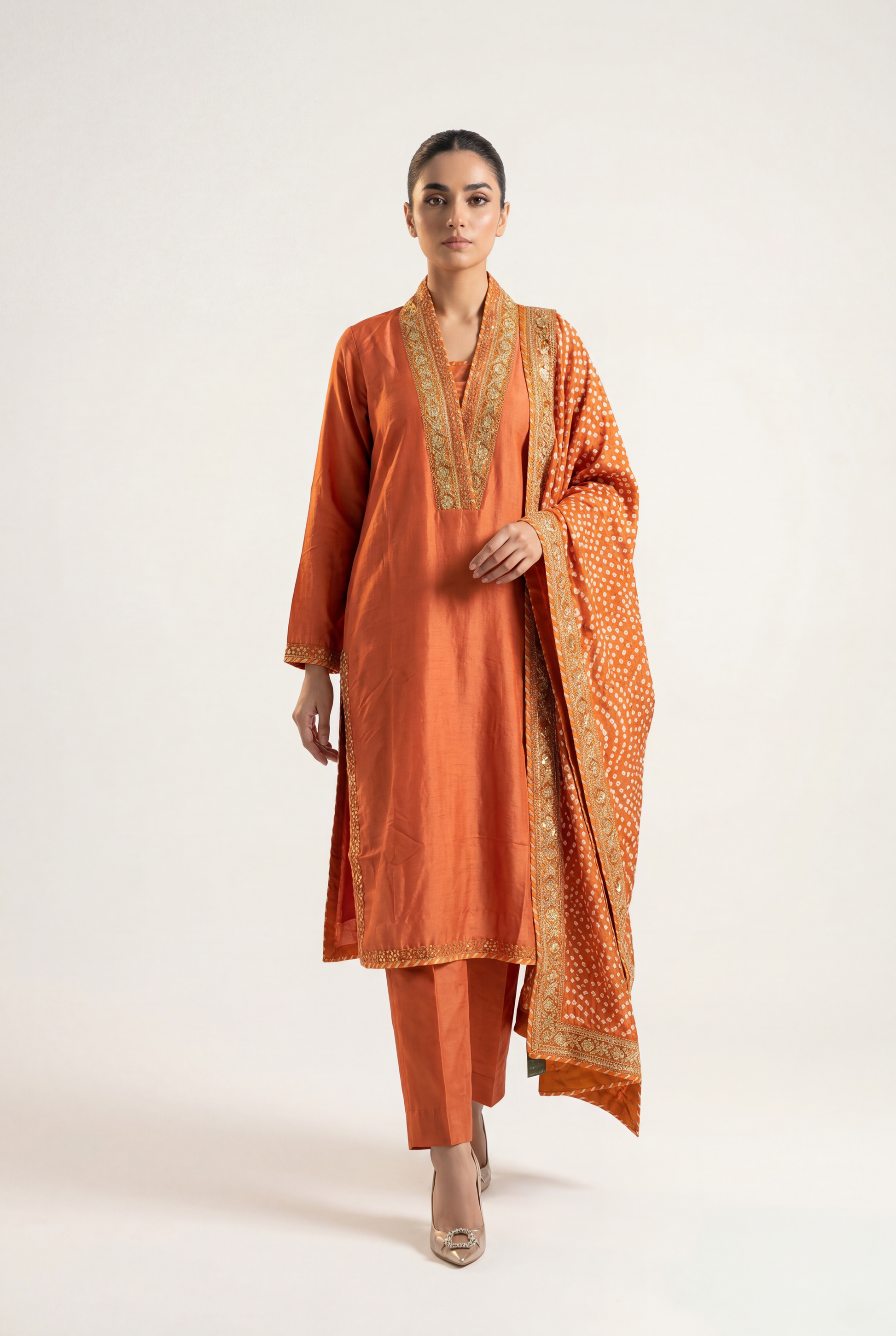 Bandhan Orange Long Shirt 3-Piece - AI Photo
