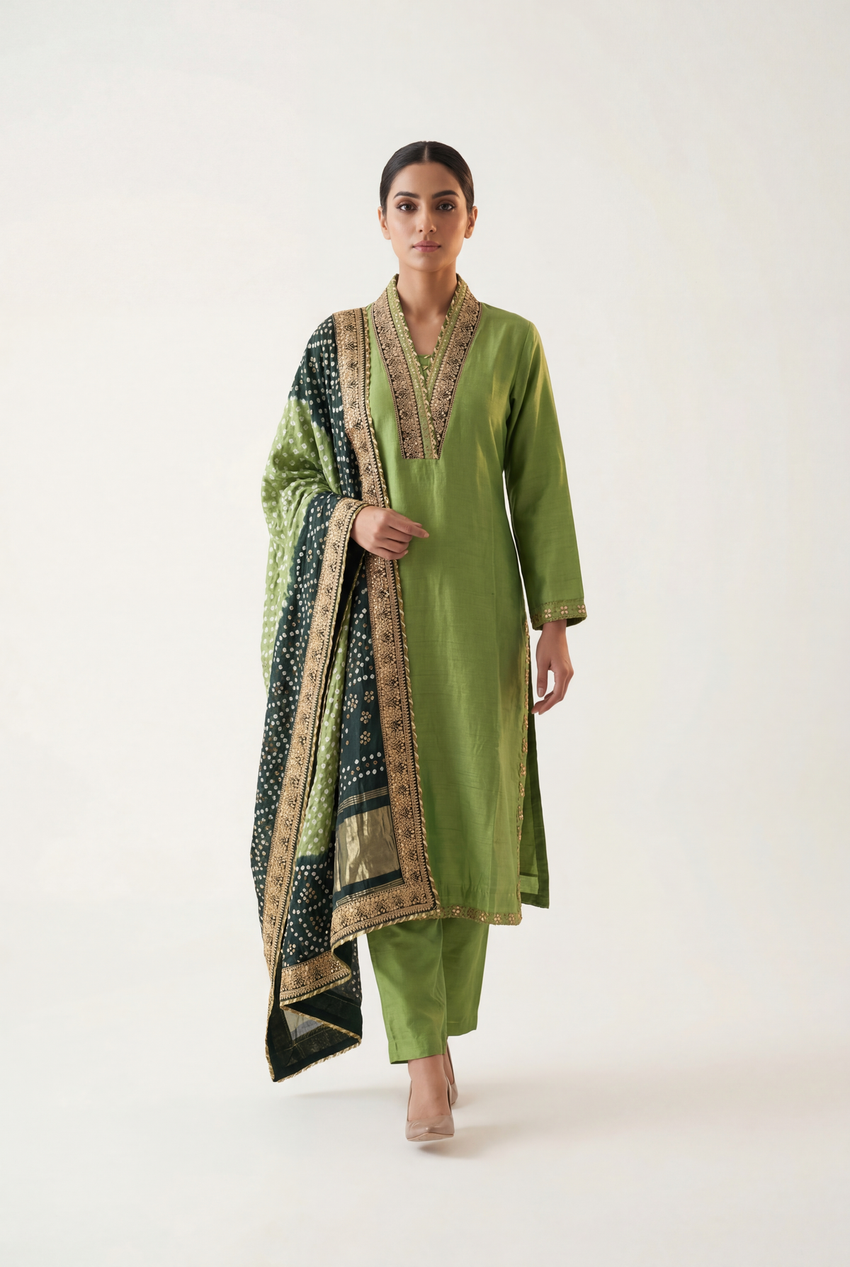 Bandhan Parrot Green Shirt 3-Piece - AI Photo