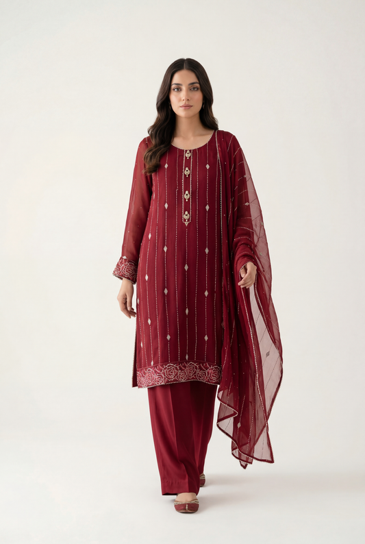 Bandhan Maroon Long Shirt 3-Piece - AI Photo