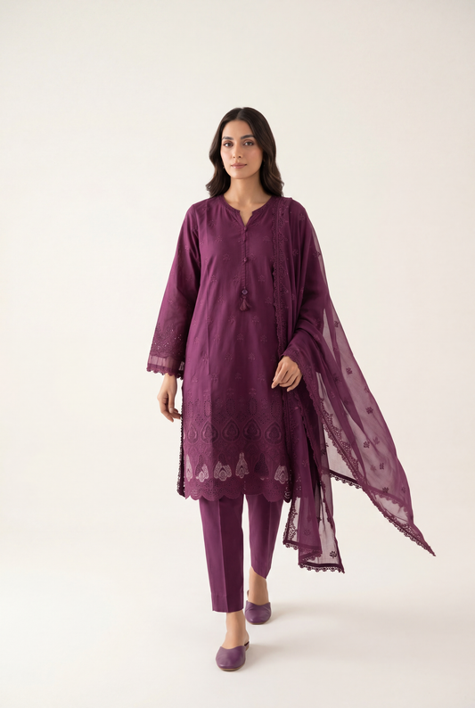 Sadabahar Purple Shirt 3-Piece - AI Photo
