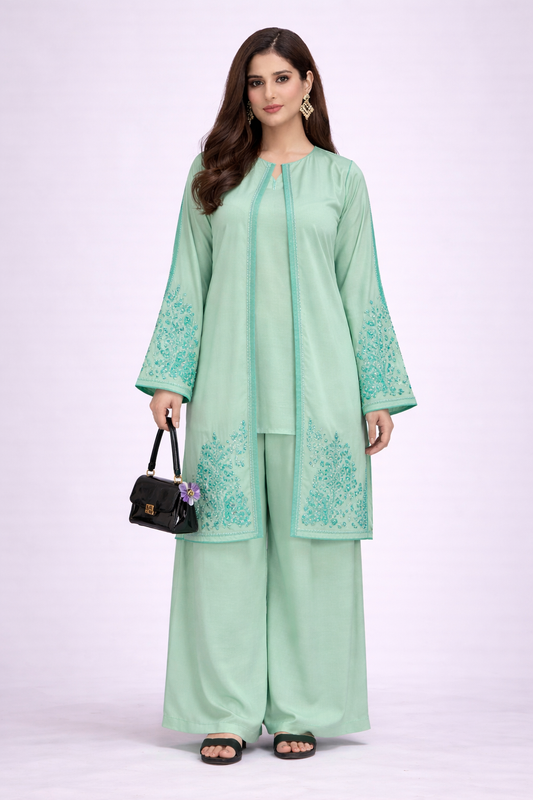 Woman wearing a light green traditional outfit with embroidery on a white background