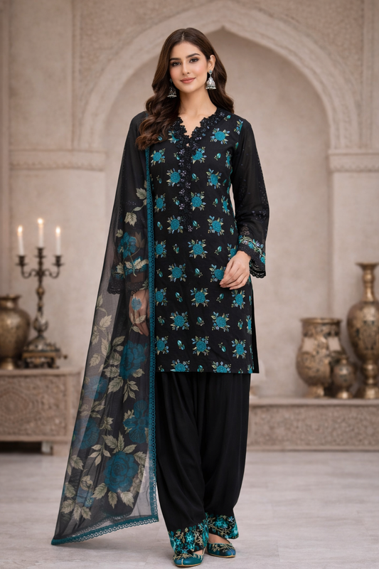Woman wearing a black and blue embroidered traditional outfit in an elegant indoor setting.