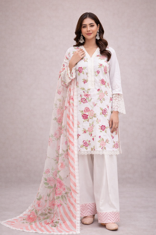 Woman wearing a floral outfit with a white background