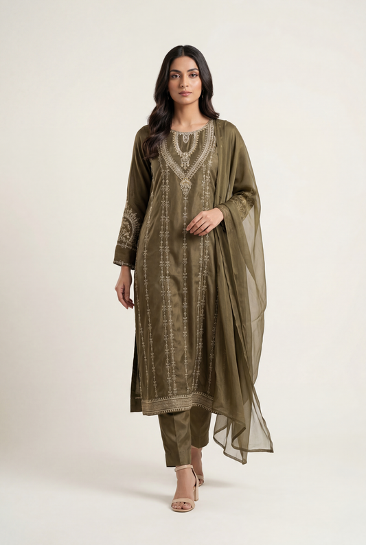 Bandhan Dry Mehndi Kaftan 3-Piece - AI Photo