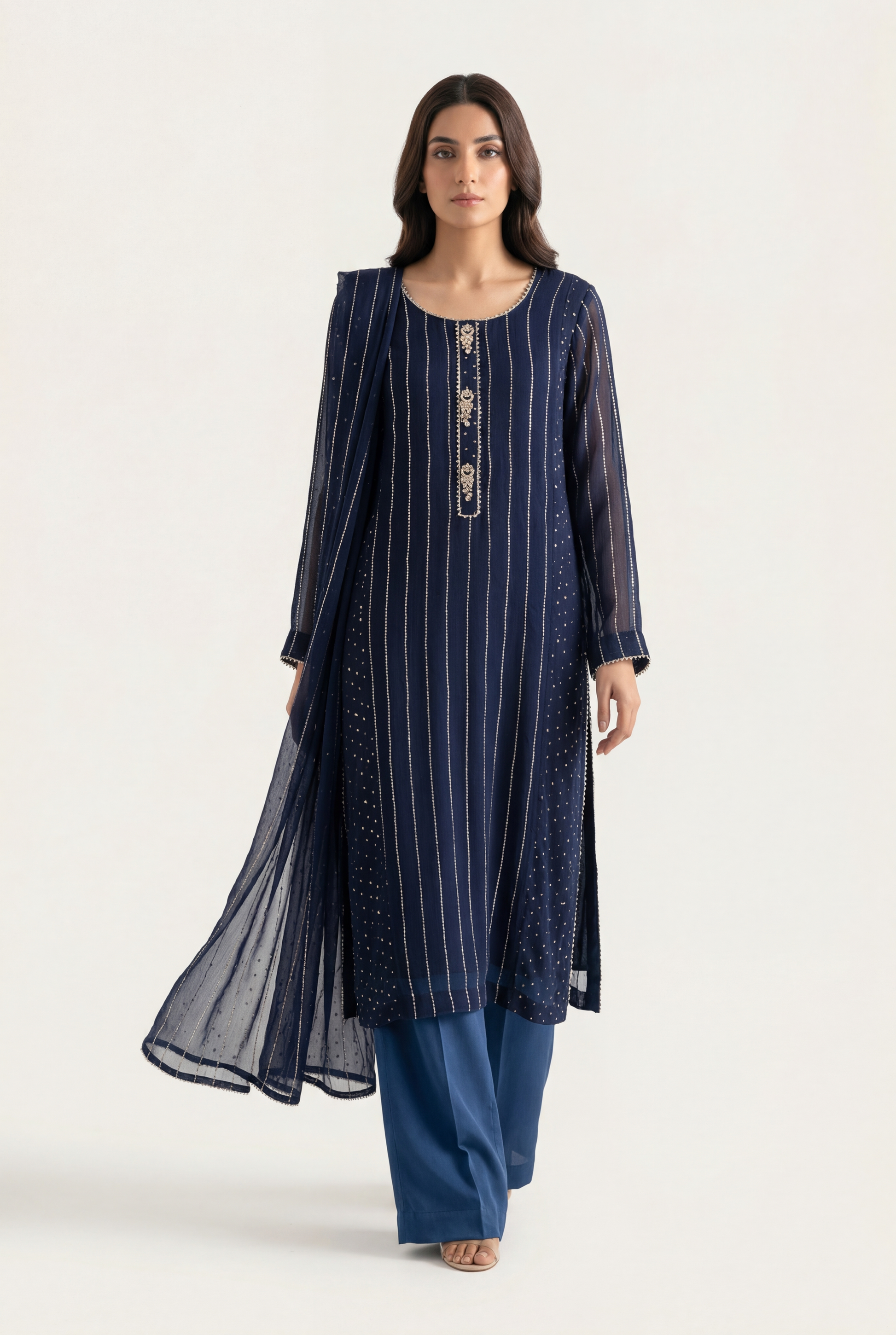 Bandhan Navy Blue Long Shirt 3-Piece - AI Photo